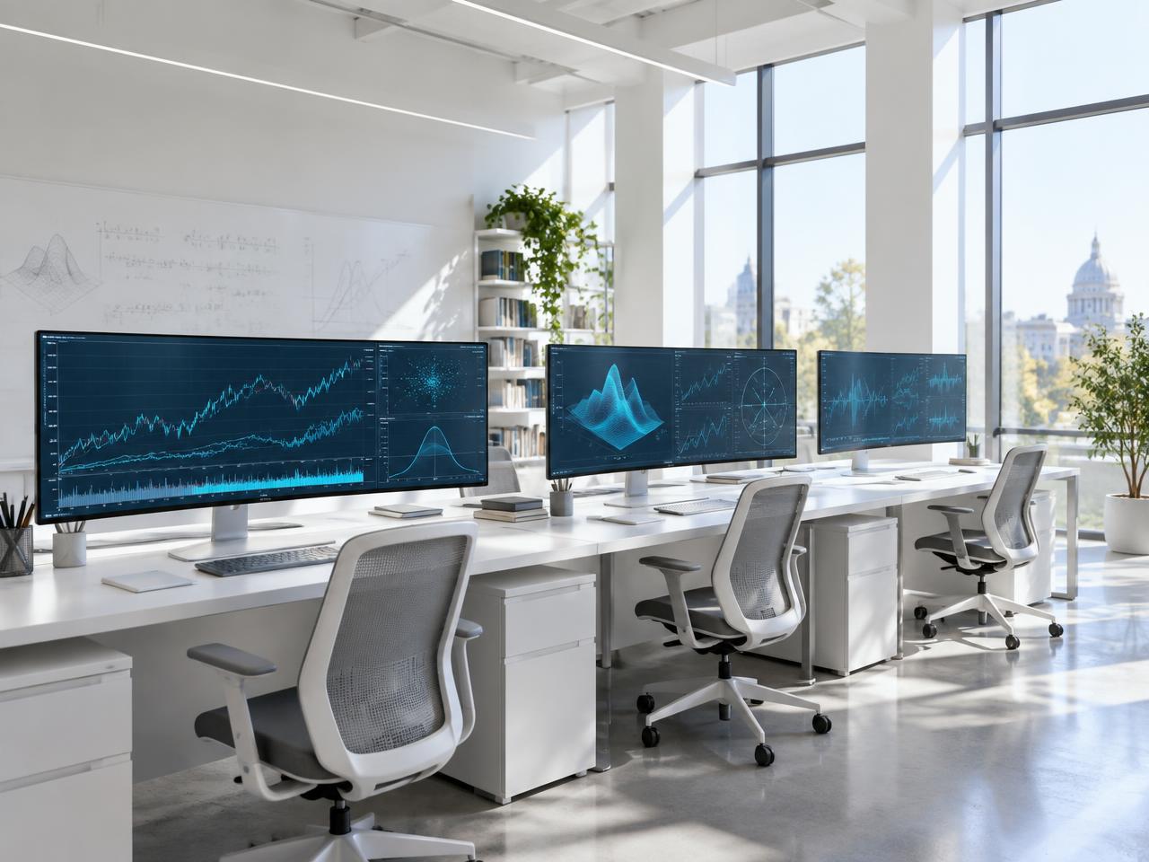 Sunlit research workspace with monitors displaying abstract market visualizations